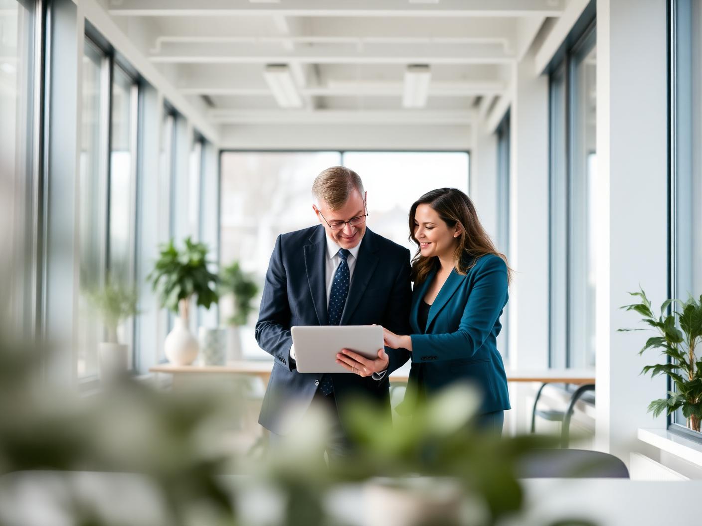Two colleagues reviewing material together in a bright office